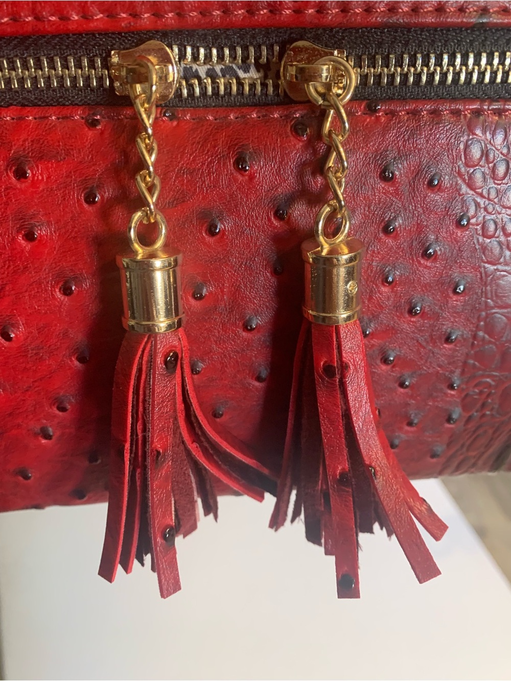 Red Ostrich-Texture Tassel Zip Purse